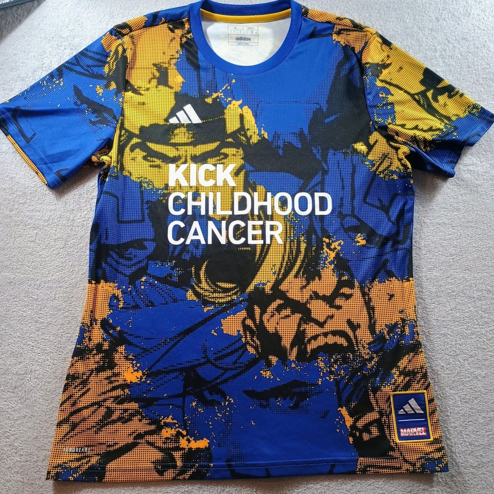 Adidas Mens Marvel Kick Childhood Cancer Jersey Blue Yellow Large Slim Fit
